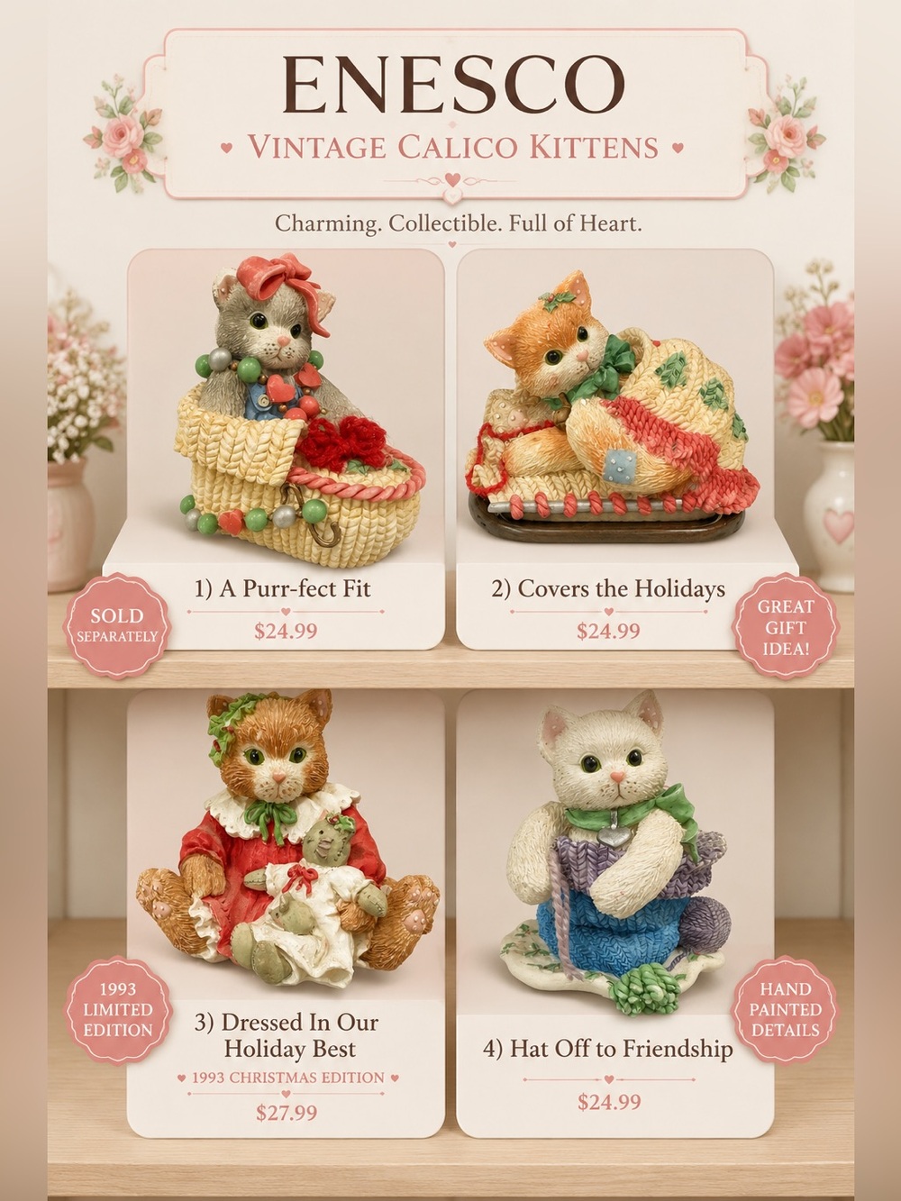 Vintage Enesco Calico Kittens Figurines – Pre-Loved Multiple versions (4)